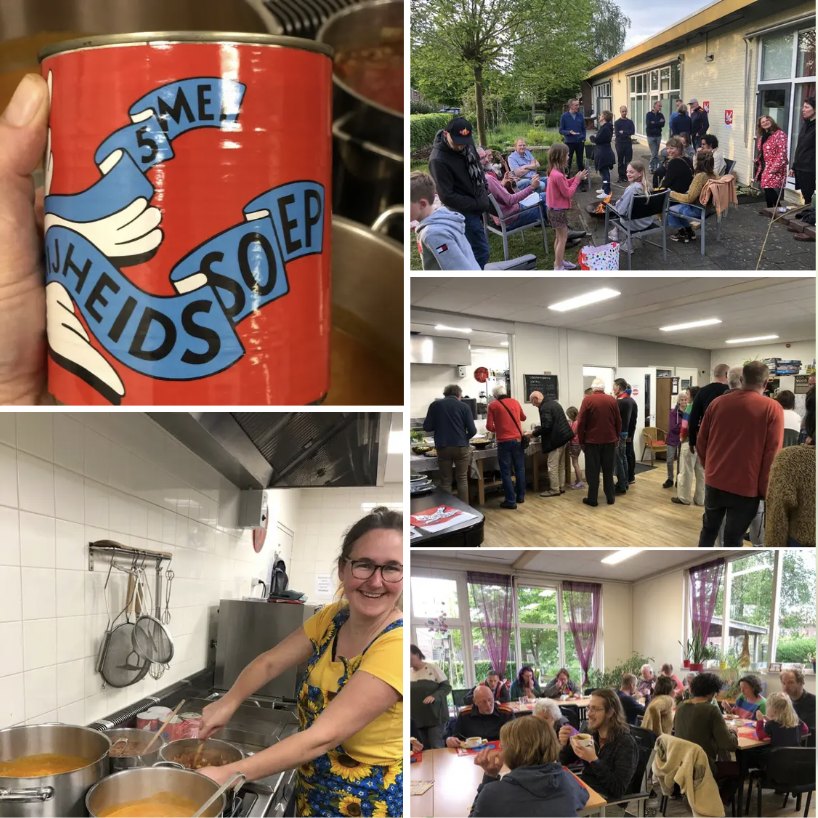 Collage van activiteiten: soep koken, samen eten en buiten bijeenkomen